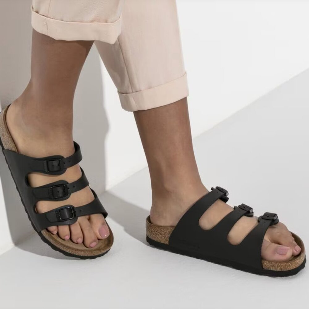 Black Birkenstock Triple-Strap Florida Soft Footbed Sandel